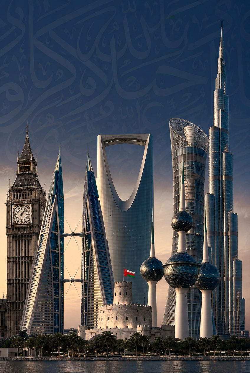 UK and GCC landmark towers forming a dense skyline at golden hour