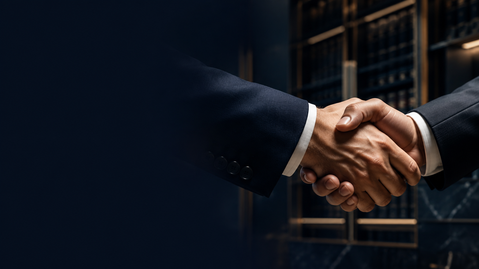 Close-up of two professionals shaking hands in a dark, panelled legal office
